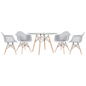 KIT - Mesa Eames com tampo de vidro 120 cm + 4 cadeiras Eiffel DAW Cinza claro