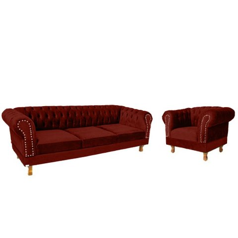 Um Sofá Duque Chesterfield 1.80 + Uma Poltrona Suede Bordô Sala Recepcao Barbearia