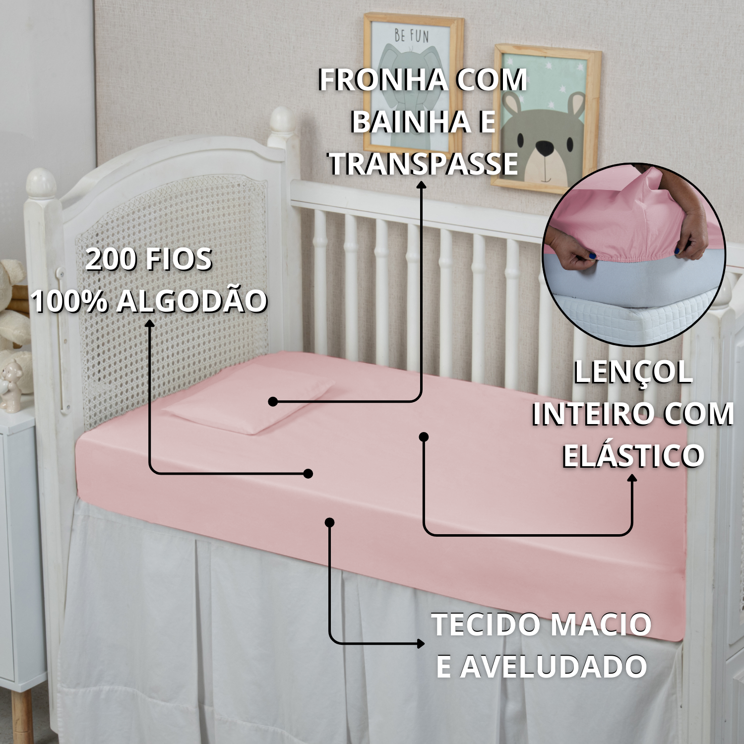 Conjunto Lençol de Berço 2 Peças 200 Fios Percal 100% Algodão:rose - 4