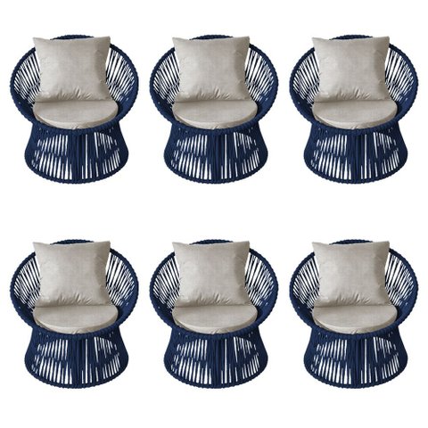 Kit 6 Poltronas Estofada Sol com Almofada em Corda Náutica e Base Alumínio Preta/azul Marinho
