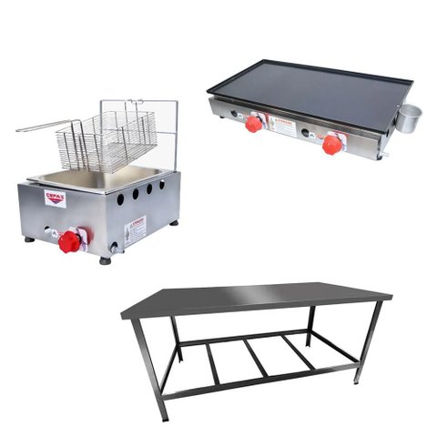 Kit Lanchonete Mesa de Manipulação 120x55cm + Fritadeira a Gás 1 Cuba + Chapa a Gás 60cm