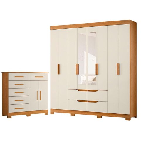 Guarda Roupa Casal Doble 08 Portas com Espelho e Cômoda Xangai Cinamomo Off White - Móveis Albatroz