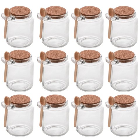 Conjunto 12 Potes de Vidro com Tampa de Rolha Colher de Bambu Porta Temperos 240ml Lyor