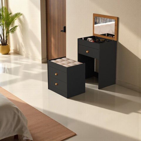 Penteadeira 3 Gavetas Compacta 100% Mdf com Espelho Banqueta:preto