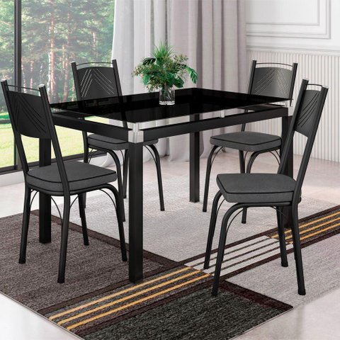 Conjunto De Mesa 4 Cadeiras Vidro Preto Fosco Platina
