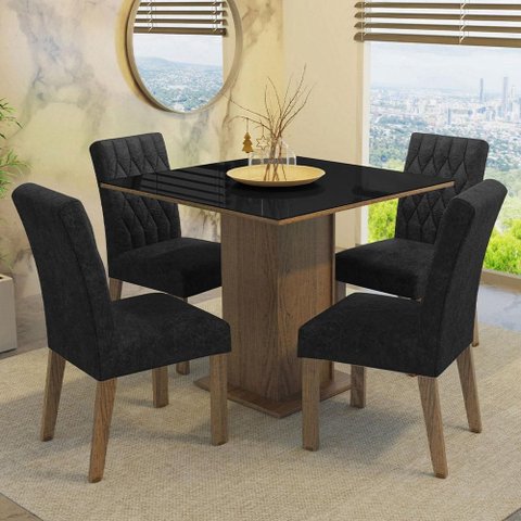 Conjunto Sala de Jantar Mesa Tampo de Vidro 4 Cadeiras Rustic/preto/oxford Anaju Madesa