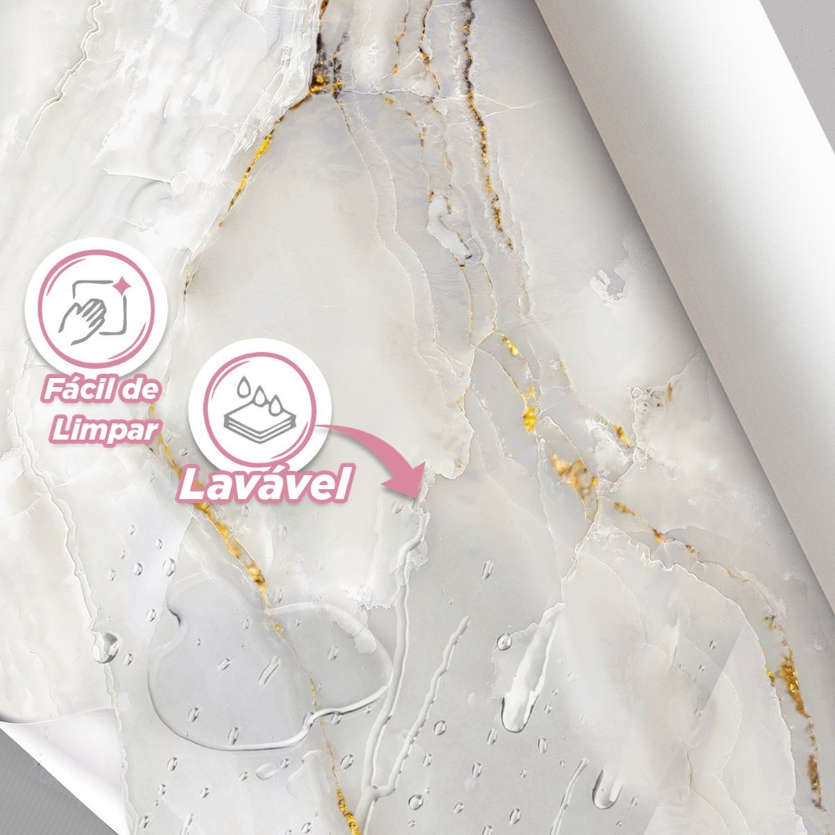 Papel de Parede Painel 3D Mármore Branco Dourado 3M Viníl Revestimento Pedra Requinte Auto Colante - 4