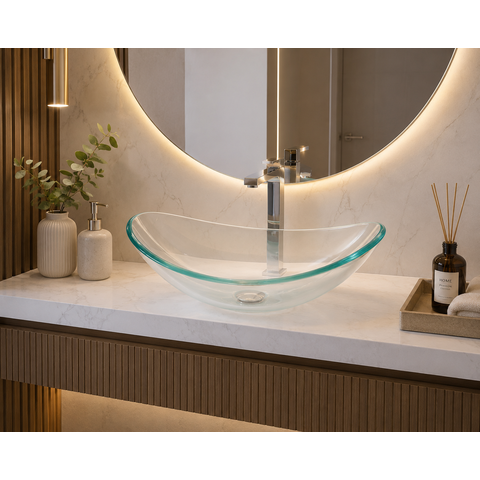 Cuba de Vidro Apoio Incolor Oval Glass Mosaic Transparente