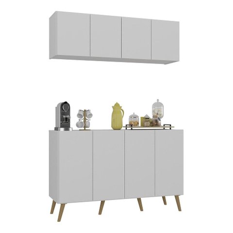 Conjunto Cantinho do Café Retrô Armário e Aparador 4 Portas Multimóveis Mp1084 Branco/natural