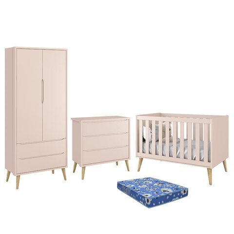 Dormitório Infantil Theo Retrô 2 Portas, Cômoda, Berço Rosa Fosco com Pés Madeira Natural e Colchão 