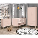 Ver imagem 2 de Dormitório Infantil Theo Retrô 2 Portas, Cômoda, Berço Rosa Fosco com Pés Madeira Natural e Colchão