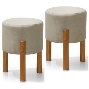 Kit 2 Puffs Banquetas Decorativo Redondo Pés em Madeira Thor - Bege