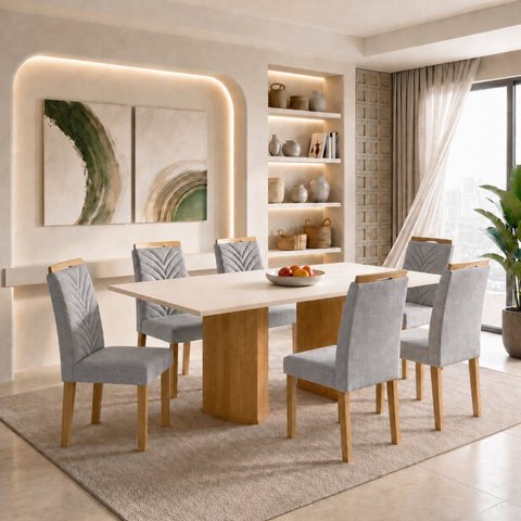 Conjunto de Mesa de Jantar 6 Lugares Isla e Cadeiras Carol MDF Cinamomo Off White