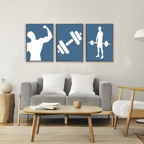 Quadro Decorativo Musculação Minimalista em 3 Telas com Moldura Filete