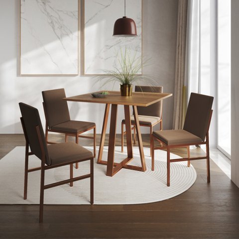 Conjunto de Jantar Mesa Mônaco 90cm Tampo Imbuia com 4 Cadeiras Marrom Base Cobre