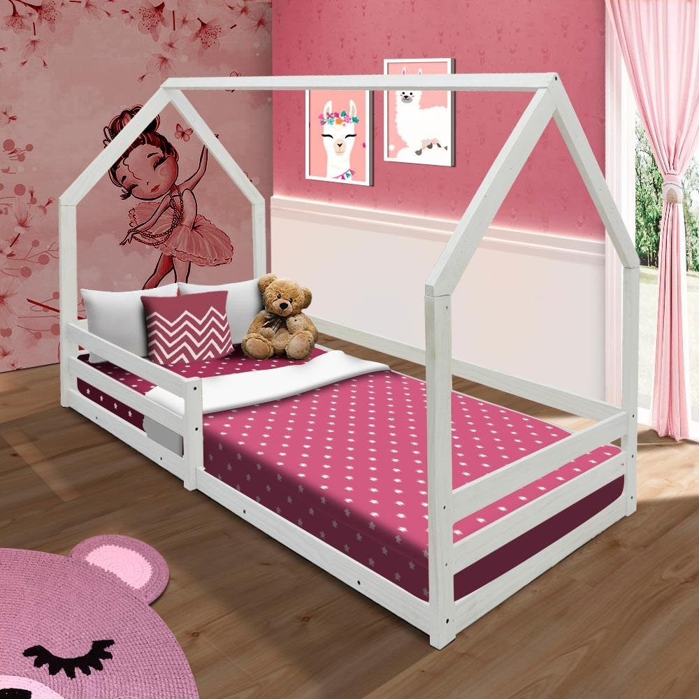 Mini cama Juvenil Infantil Gatinho Branca/Rosa Com Colchão