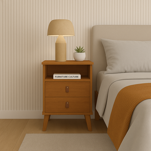 Mesa de Cabeceira Roma Puxadores em Couro 2 Gavetas 1 Nicho:cedro