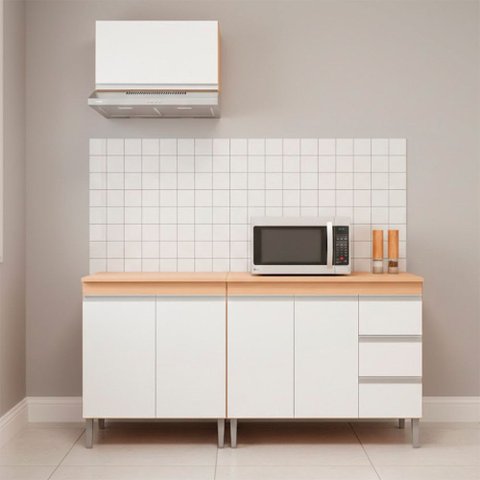 Conjunto Kit Cozinha Compacta Balcão Pia sem Tampo Balcão Cooktop e Aéreo Ajl Móveis
