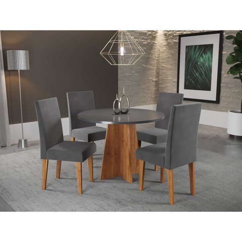 Conjunto Mesa de Jantar Redonda Spirit com 4 Cadeiras Cinza/Mel/Brilho/Grafite