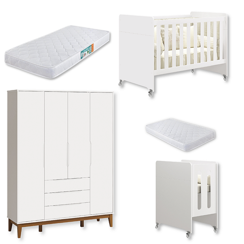 Quarto de Bebê Berço Evolution + Guarda Roupa Infantil 4P e 3g Branco Classic 02 Colchões