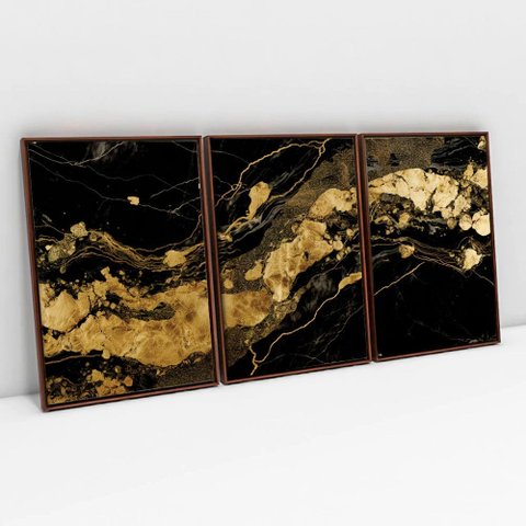 Kit Quadro Decorativo 3 Telas Canvas Black Ouro Tacolado Moldura Flutuante 4,5cm Madeira 60 X 90cm