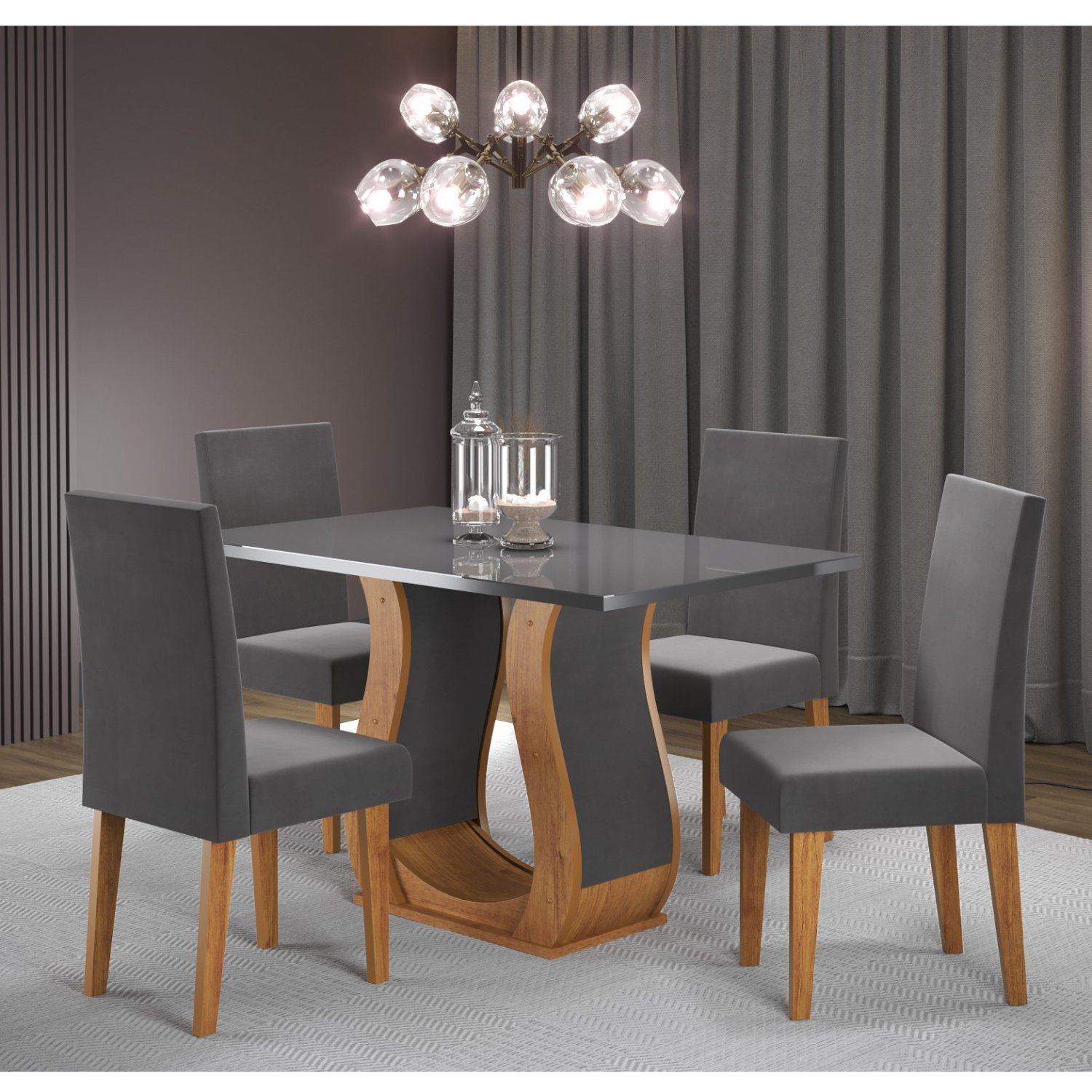 Conjunto de Jantar Mesa 120x80cm Tampo Vidro/mdp Inovare com 4 Cadeiras Venus