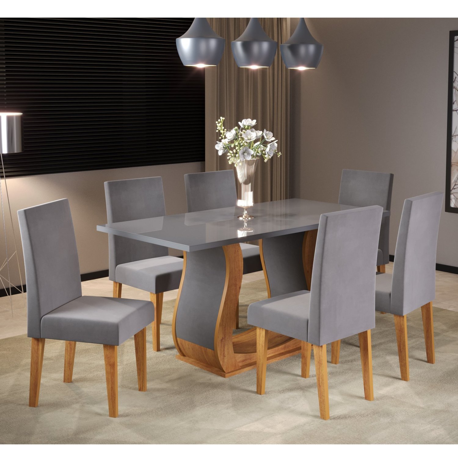 Conjunto de Jantar Mesa 160x80cm Tampo Vidro/mdf Livia com 6 Cadeiras Venus - 1