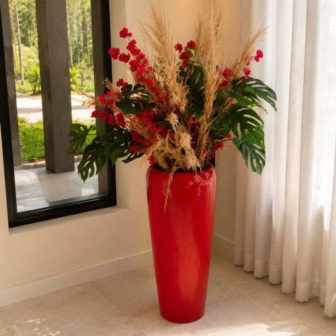 Vaso Decorativo Fibra de Vidro Florida P 65cm Vermelho Brilho Lindo Vaso