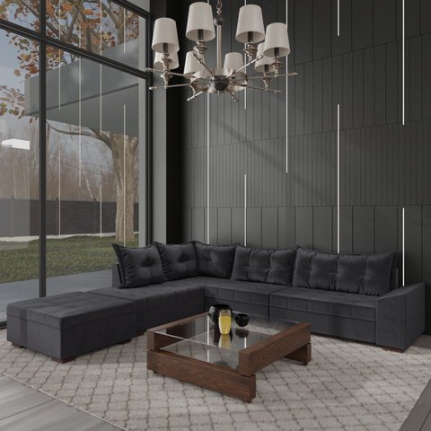 Sofá de Canto com Puff 9 Lugares Veludo Itapema 330cm Cinza