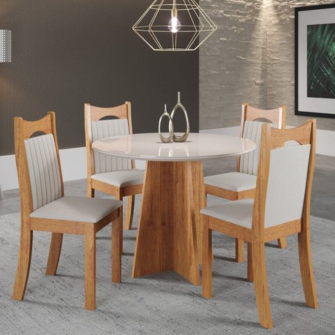 Conjunto de Jantar Mesa Redonda Stuart com 4 Cadeiras Dalas Yescasa Bege/Mel/Blonde/Marfim