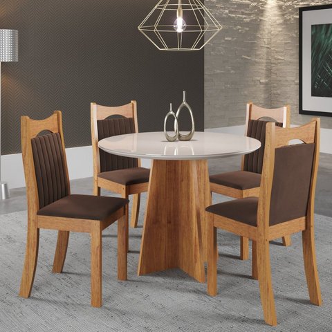Conjunto de Jantar Mesa Redonda Stuart com 4 Cadeiras Dalas Yescasa Marrom/Mel/Off White/Bombom