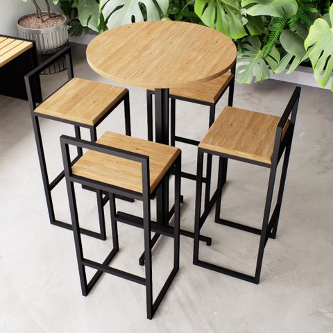 Conjunto Mesa Redonda Alta 4 Cadeiras Pequena Pinus Industrial Black Don Castro Decor Industrial Pre