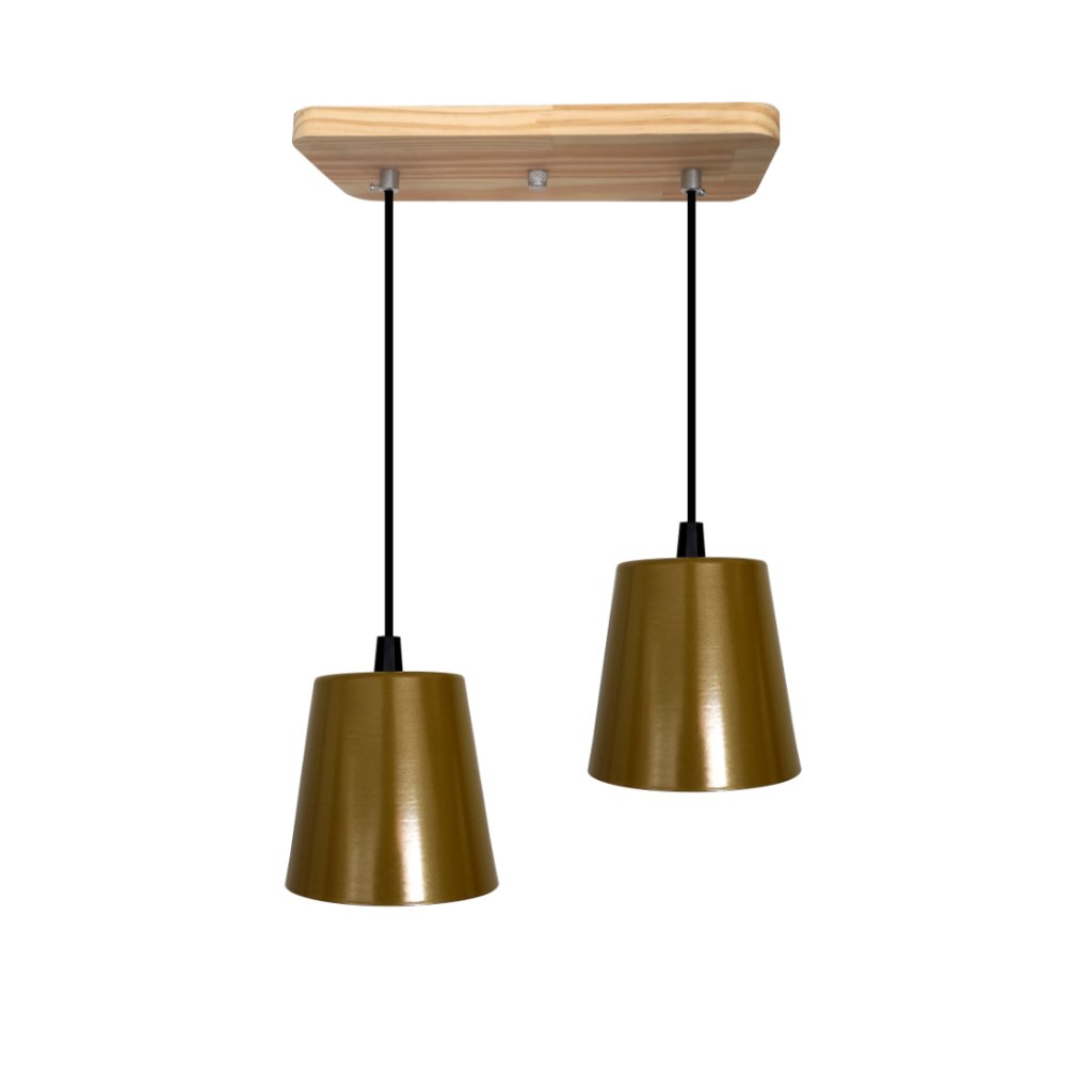 Ver imagem 1 de Pendente Luminária de Teto Duplo Cúpula Baldinho Retrô Suporte Madeira Pinus - Soquete E-27 – Abf Lu