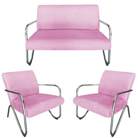 Kit Namoradeira + 2 Poltronas Decorativa Bela Suede Rosa Bebê Braço Cromado