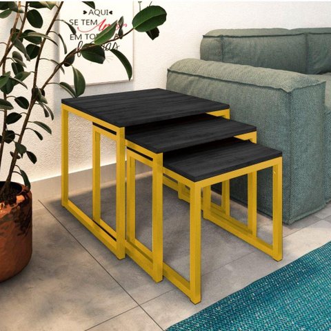 Trio Mesa Lateral Industrial Isabella Tampo Preto Base Ferro Amarelo - Preto