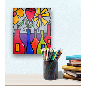Mini Quadro de Garrafas com Flores Pintado a Mão 30x25cm