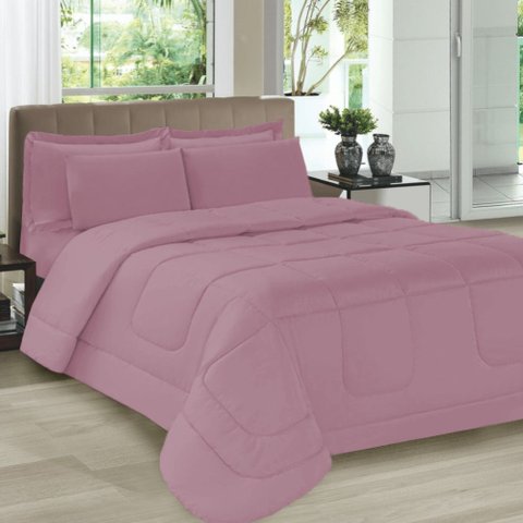 Jogo de Cama Casal 5 Peças com Edredom e Porta Travesseiros Rose Casa Dona