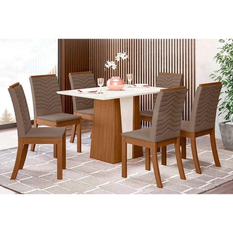 Conjunto: Mesa de Cozinha Orus Tampo Madeirado 120x80cm e 6 Cadeiras Isa Nature/off White - Suede