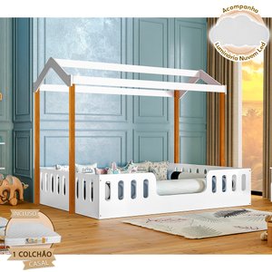 Cama Casal Casinha Montessoriana Ágatha com Colchão D28 - Branco/mel Incluso Luminária