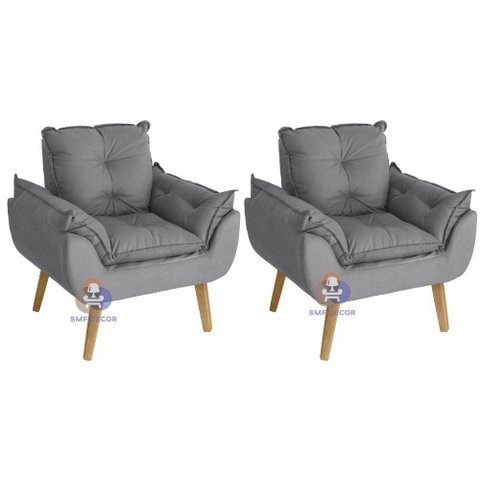 Kit 02 Poltrona Decorativa Opala Suede Cinza Smf Decor