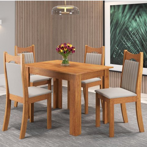 Mesa de Jantar Retangular Canela com 4 Cadeiras Dalas Yescasa Bege/Mel/Marfim