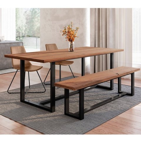 Conjunto Mesa 210cm com Banco e 2 Cadeiras Rústico Industrial Lumber Yescasa Marrom/Preto
