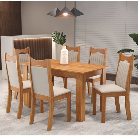 Conjunto de Jantar Mesa Retangular Timbo com 6 Cadeiras Dalas Yescasa Bege/Mel/Marfim
