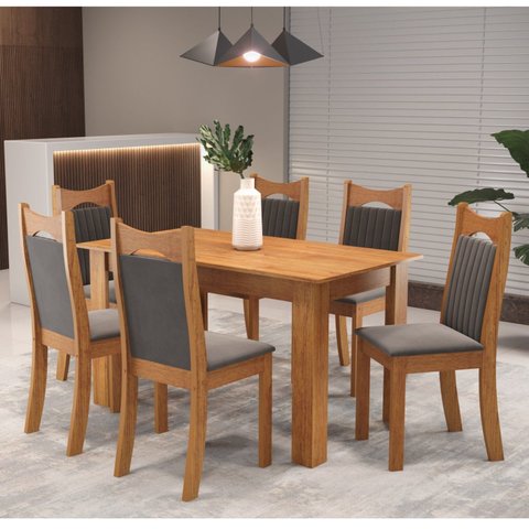 Conjunto de Jantar Mesa Retangular Timbo com 6 Cadeiras Dalas Yescasa Cinza/Mel/Grafite