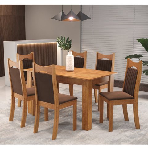 Conjunto de Jantar Mesa Retangular Timbo com 6 Cadeiras Dalas Yescasa Marrom/Mel/Bombom