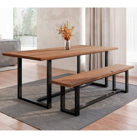Conjunto de Jantar Mesa 210cm com Banco Rústico Industrial Lumber CabeCasa MadeiraOriginals Marrom/P