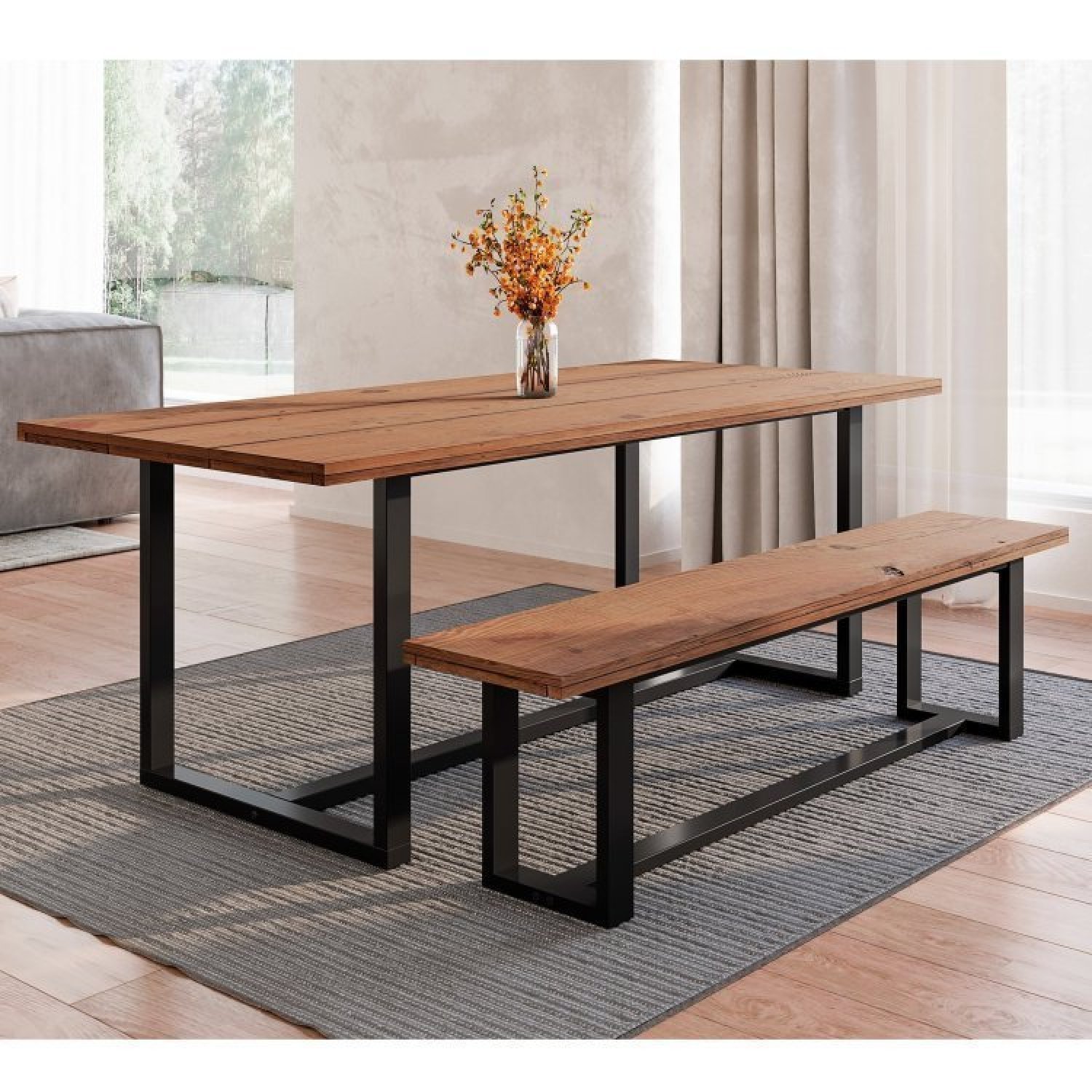 Conjunto de Jantar Mesa 210cm com Banco Rústico Industrial Lumber Cabecasa MadeiraMadeira