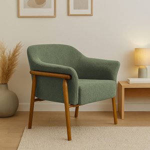 Poltrona Luna Base Madeira Castanho Poliéster Bouclé Verde - Nexta Casa