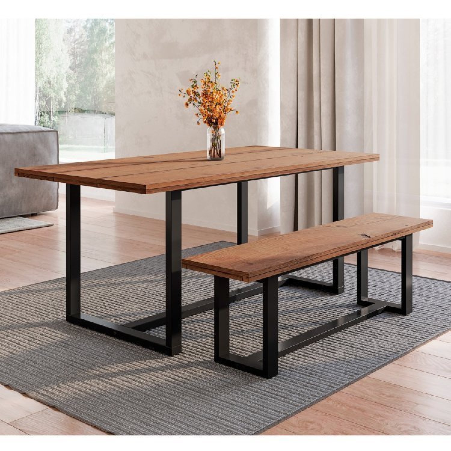 Conjunto de Jantar Mesa 183cm com Banco Rústico Industrial Lumber Cabecasa MadeiraMadeira