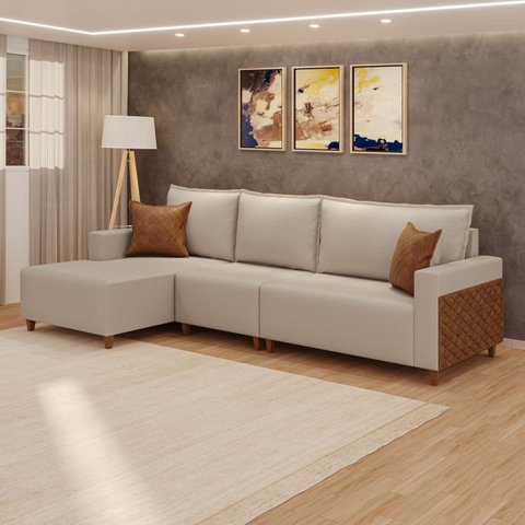 Sofá com Chaise 4 Lugares em Linho Bege e Marrom Novo Horizonte